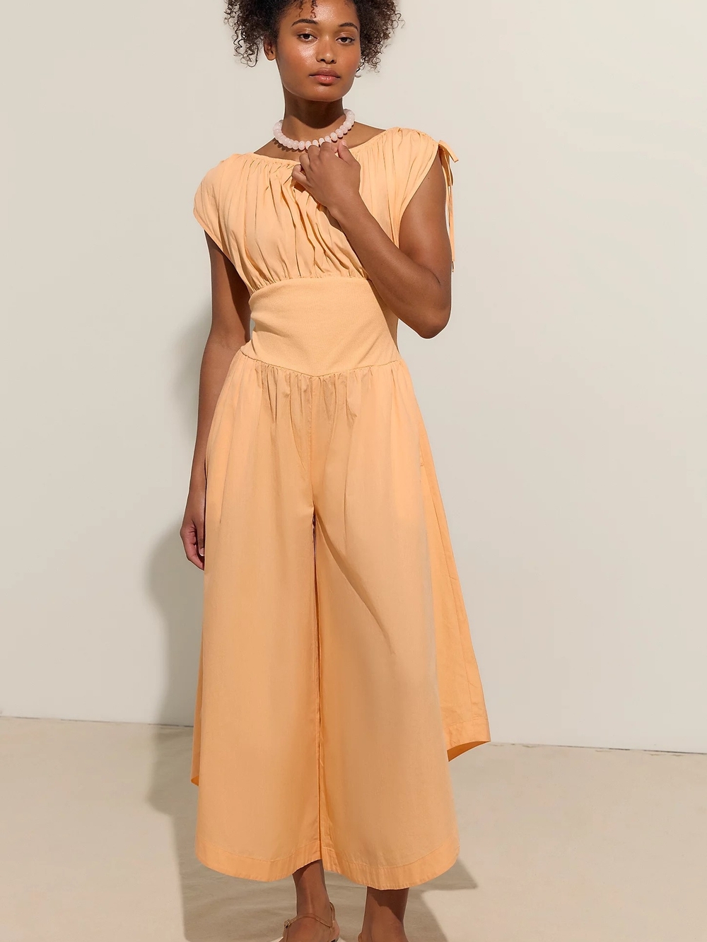 Peach Gathered Waist Wide-Leg Jumpsuit